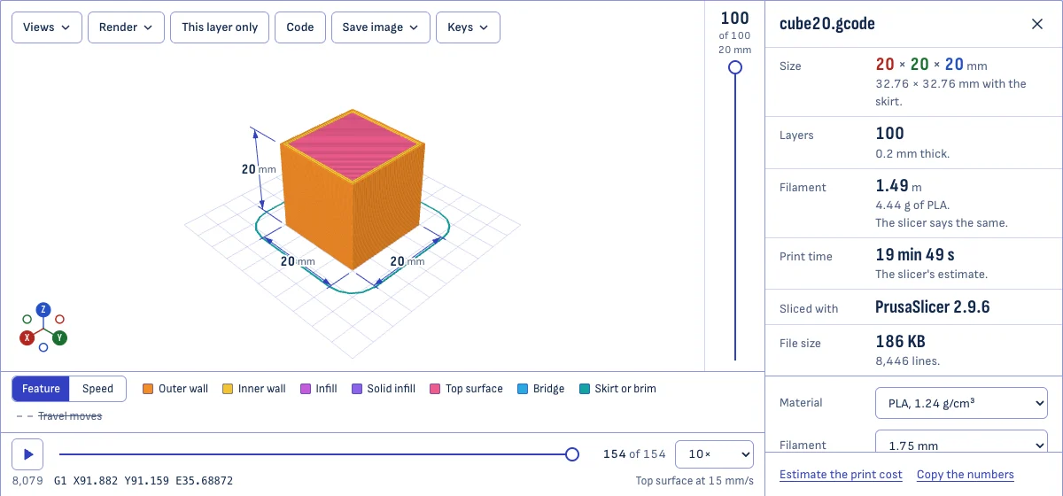 The G-code viewer with a sliced cube open: the print drawn bead by bead with its outer walls in orange and its top in rose, a layer slider at 100 of 100, and a panel reading 100 layers, 1.49 m of filament and 19 min 49 s.