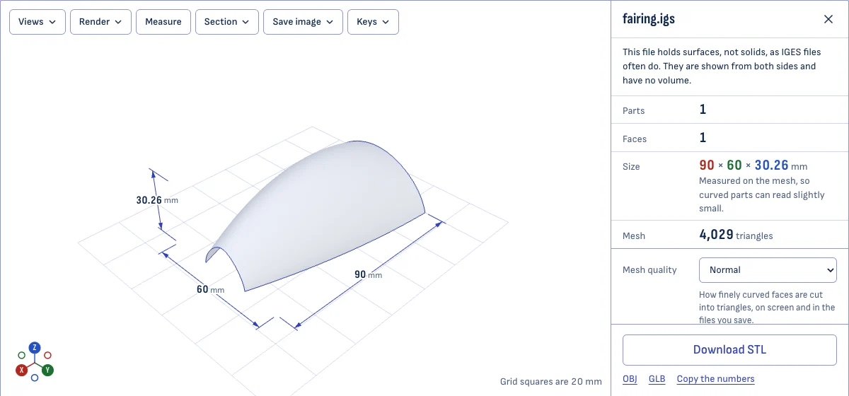 The IGES viewer with a curved surface open, 90 × 60 × 30.26 mm, and a note saying that the file holds surfaces, not solids, and so has no volume.