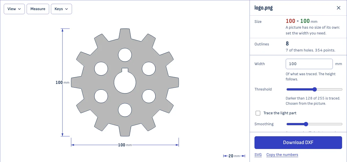 The PNG to DXF converter with the picture of a gear traced: its outline and seven holes drawn over the picture, dimension lines reading 100 mm, and sliders for threshold and smoothing.