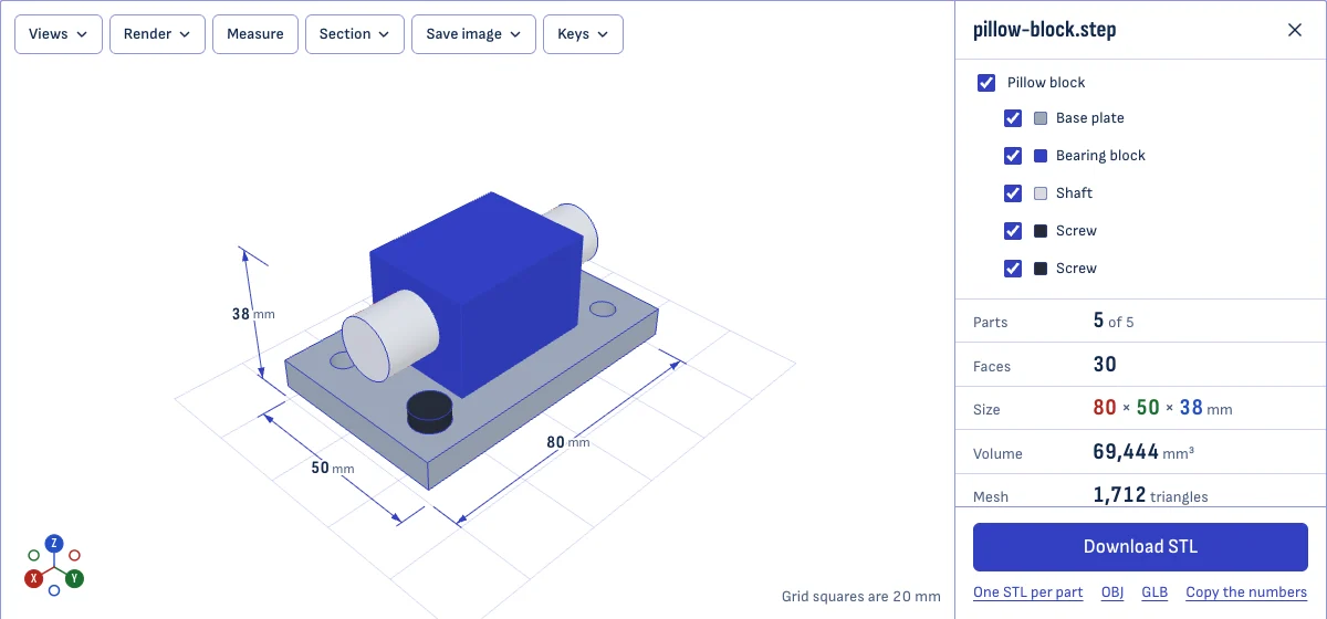 The STEP to STL converter with an assembly of five parts open, a mesh of 1,712 triangles, and a Download STL button with a link for one STL per part.