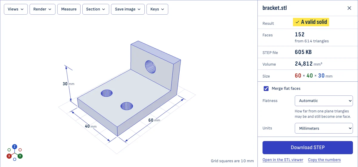 The STL to STEP converter with a bracket converted: the result is marked as a valid solid of 152 faces made from 614 triangles, with a Download STEP button.