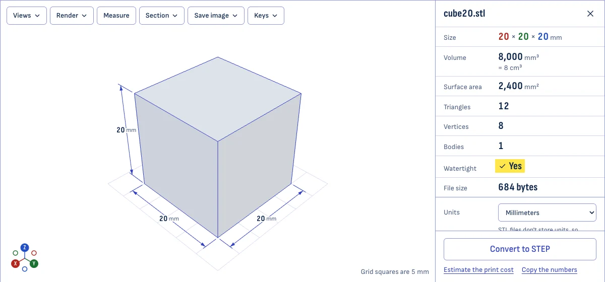 The STL viewer with a cube open: dimension lines on the model read 20 mm three times, and the panel beside it lists a volume of 8,000 mm³, a surface area of 2,400 mm², 12 triangles and a check mark at Watertight.
